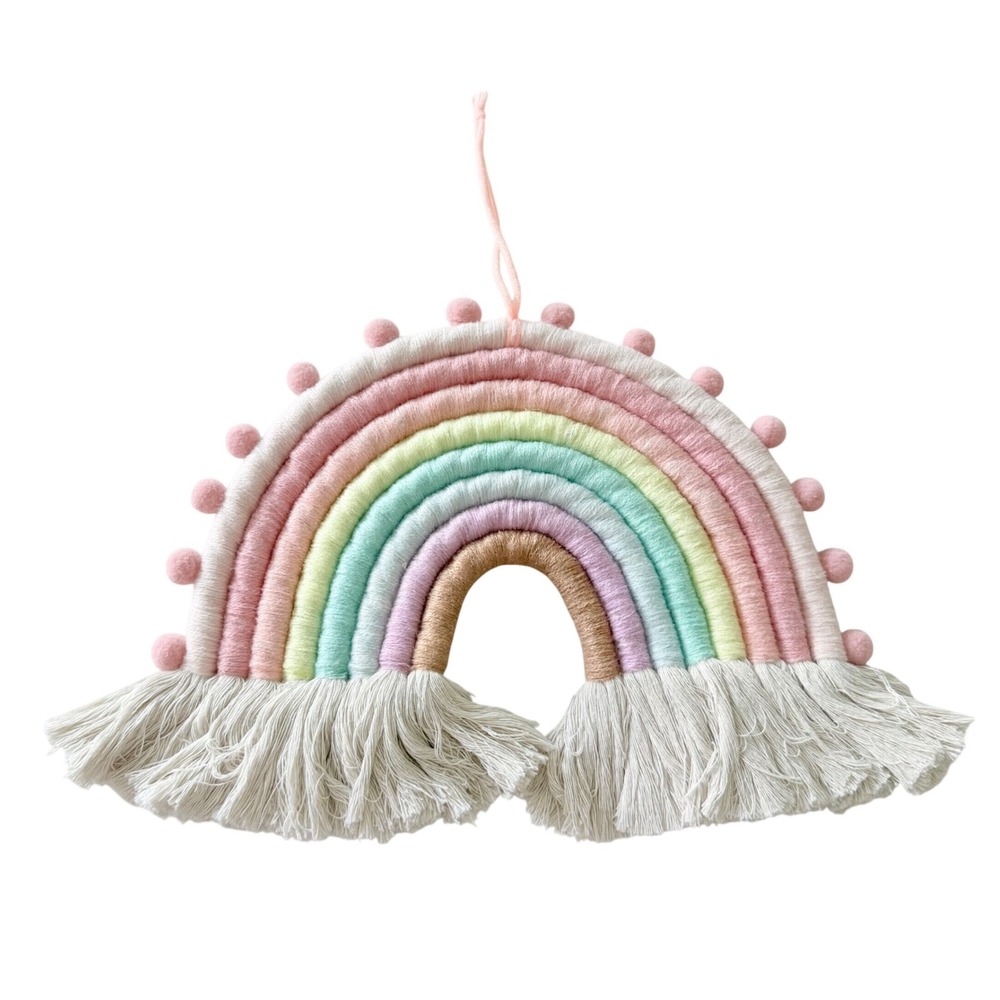 Macrame Rainbow Wall Hanging Kids Pastel 9.5in Multicolor Pom Pom Boho